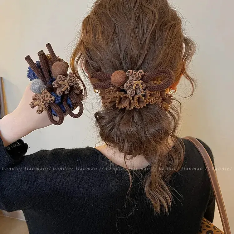 豹纹小熊毛球大肠发圈女高级感低马尾皮筋头花盘发丸子头绳发绳秋