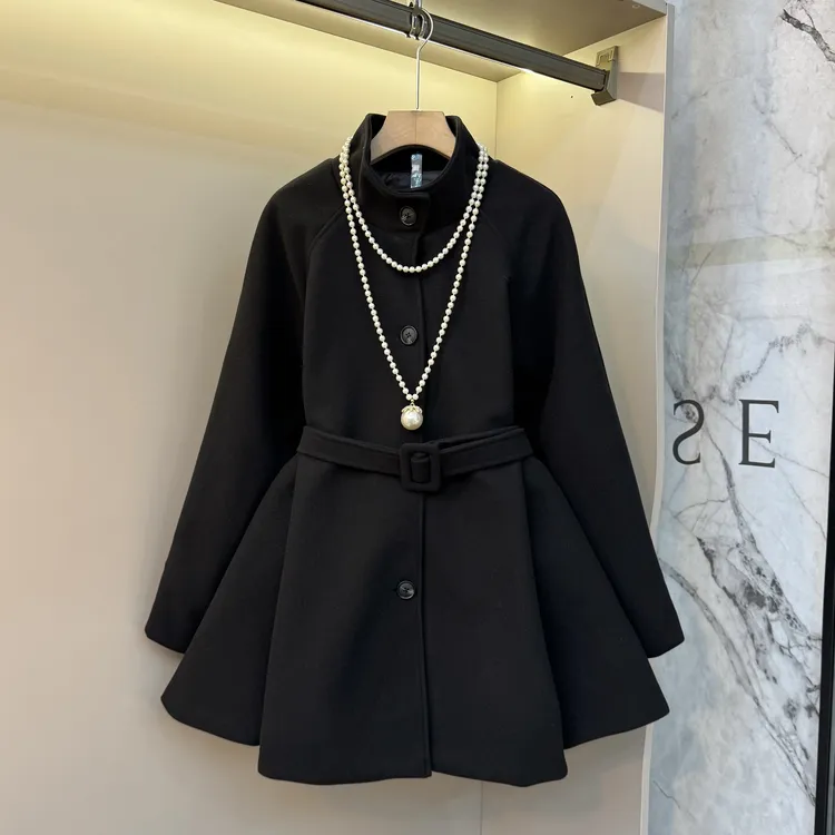 胖mm韩版赫本风单排扣中长款毛呢女秋冬气质显瘦外套 5213