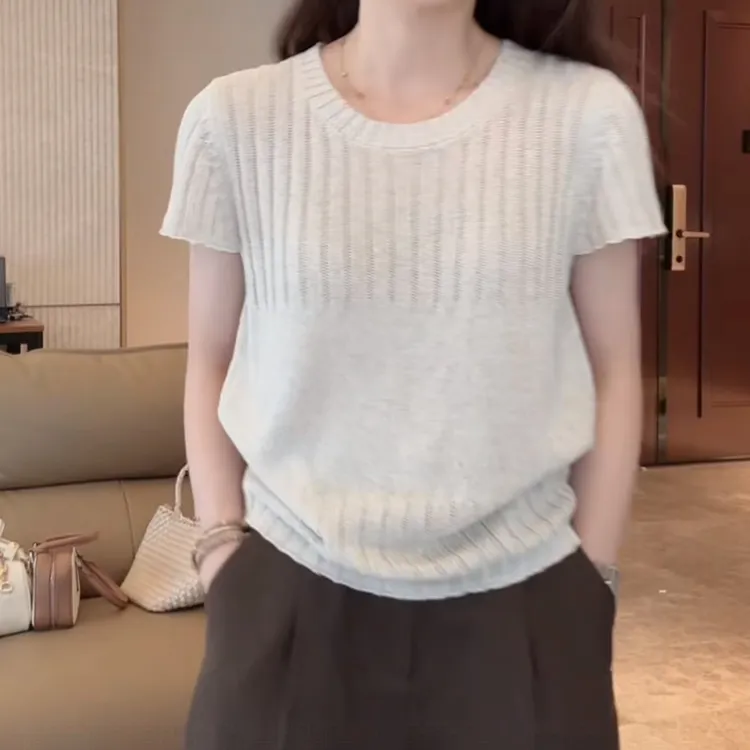 设计感时尚纯色宽松显瘦针织短袖女2025夏季新款百搭气质通勤上衣