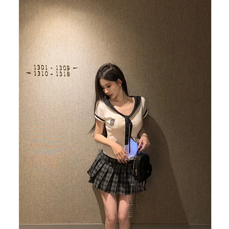 学院风jk制服两件套白色短袖T恤上衣女装夏季高腰百褶半身裙套装