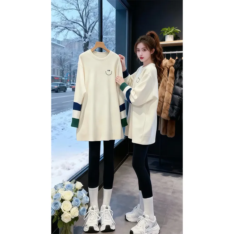 欧货白色磨毛打底衫女秋冬中长款遮屁股长袖T恤内搭配鲨鱼裤上衣