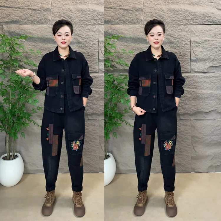 2025秋季新款复古时尚牛仔套装减龄刺绣外套民族风女老爹裤两件套