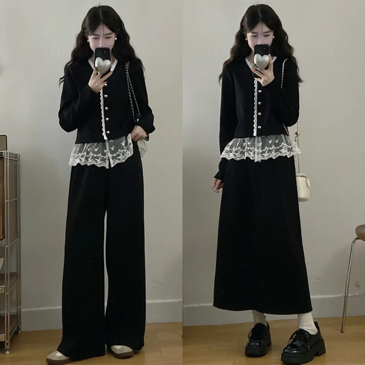 大码女装胖mm新款v领高级感蕾丝拼接上衣+裤子裙子两件套装女