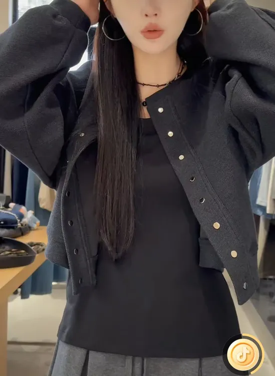韩系圆领拼接长袖女宽松慵懒帽衫卫衣连帽上衣外套X0150