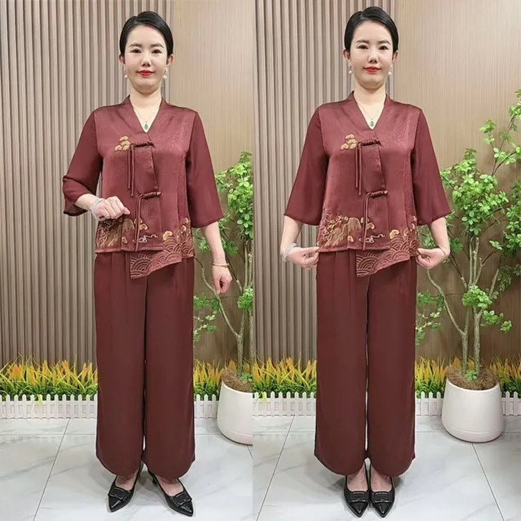 2507妈妈夏季国风刺绣套装中老年女装七分袖新中式两件套九分裤子