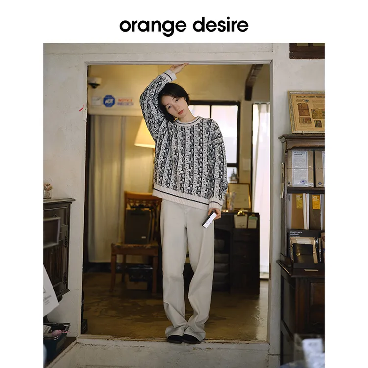 orange desire羊毛混纺撞色提花圆领毛衣新款宽松落肩OD2DWKZA052