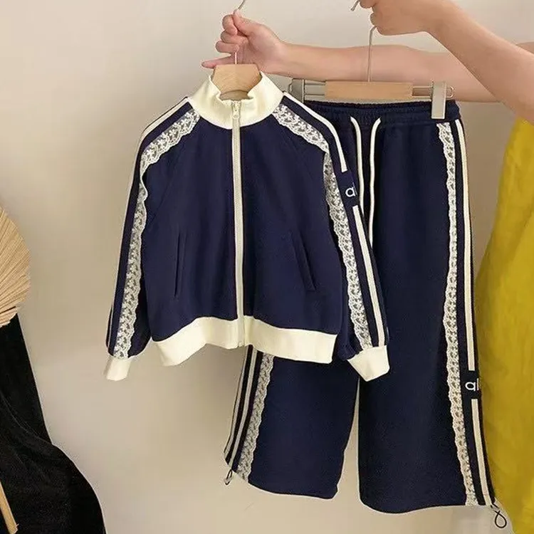 女童春秋套装2025新款儿童拉链衫上衣韩版中大童花边阔腿裤两件套