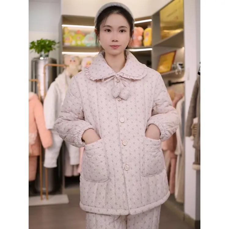 2025新款秋冬碎花三层夹棉加厚甜美翻领睡衣套装6630