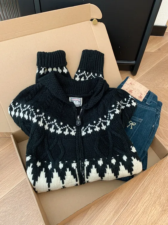 费尔岛提花翻领针织毛衣外套女秋冬季设计感宽松显瘦外穿开衫上衣