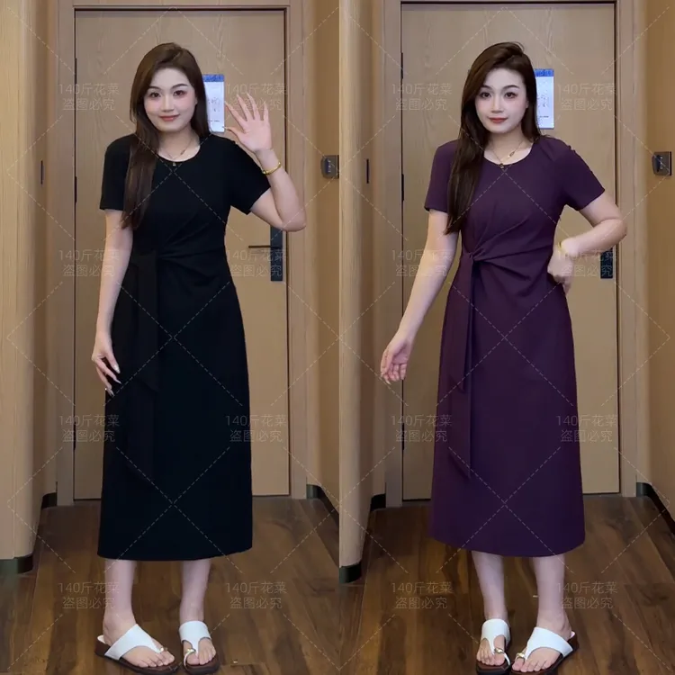 （现现款）花菜微胖定制~【姗姗来迟】时尚洋气设计感法式绑带连衣裙