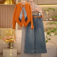 【闺蜜家】女童秋季2025新款时尚潮韩系腰果花毛衣+牛仔裤套装-8896