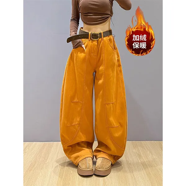 美式复古设计感百搭时尚加绒牛仔裤子女辣妹宽松bf慵懒风弯刀长裤