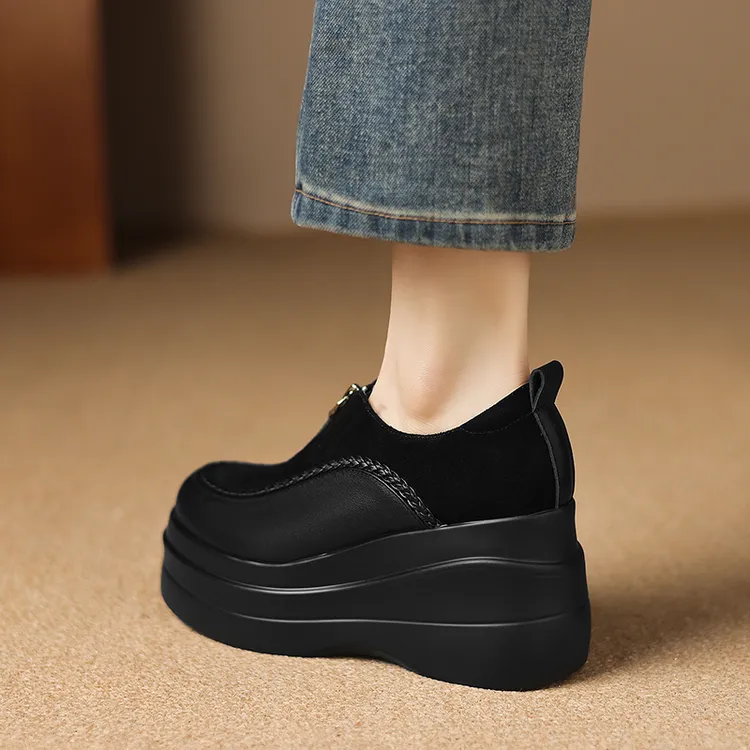 8cm小个子复古单鞋轻便厚底松糕鞋圆头休闲真皮高跟鞋不累脚深口