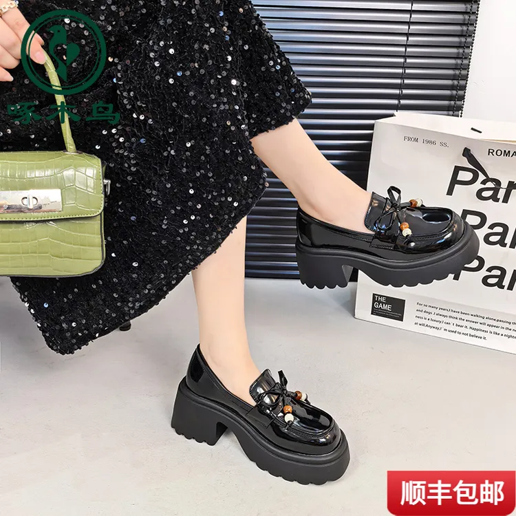 啄木鸟英伦风小女2025年秋季新款日系jk圆头黑色厚底粗高跟乐福时