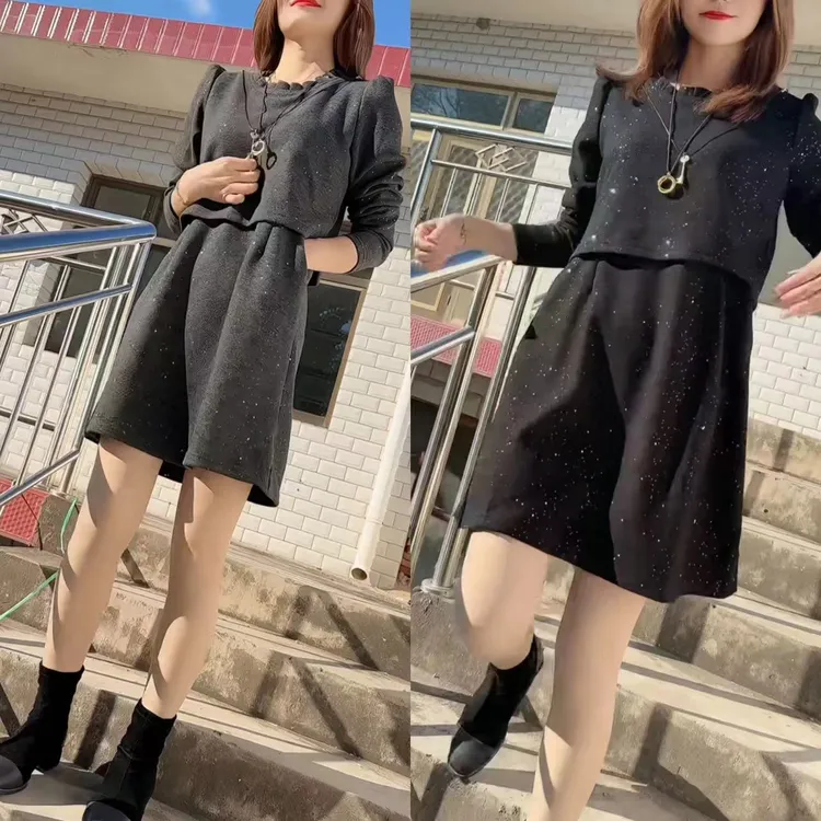 A字裙连衣裙秋冬圆领套头高腰中长款