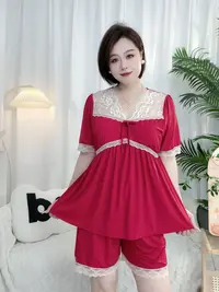 初初家夏季冰丝短袖短裤法式V领带胸垫女蕾丝可外穿家居服套装