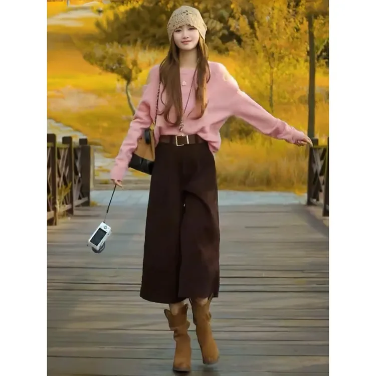 【秋日画券】巨好看时尚百搭洋气露肩长袖针织衫七分直筒裤两件套装