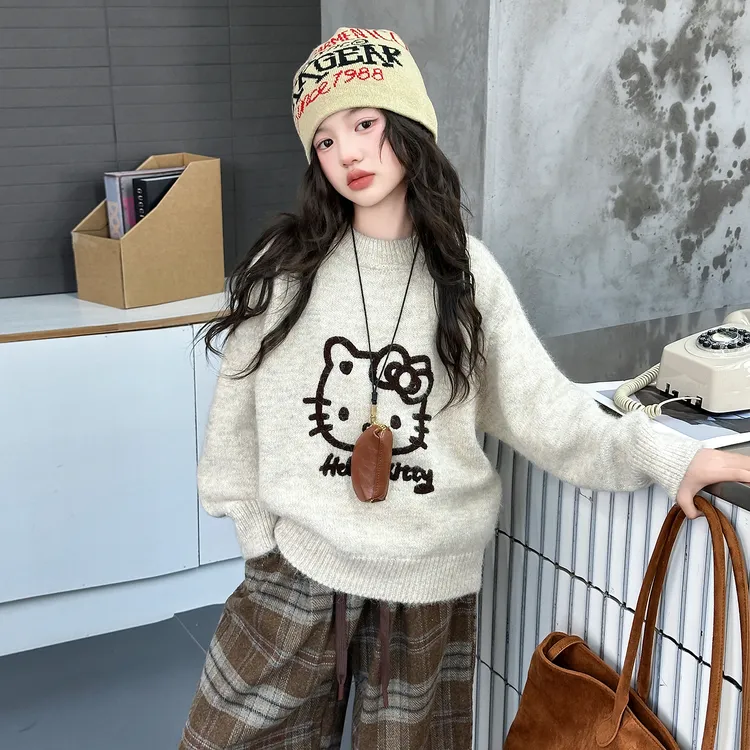 女童卡通猫咪毛衣秋冬加厚保暖内搭外穿洋气百搭中大童针织衫上衣