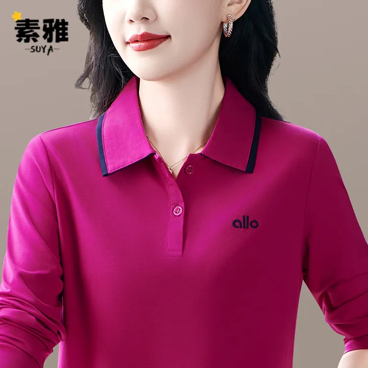 品牌女士长袖体恤2025春秋新款女装中年打底衫妈妈翻领大码上衣潮