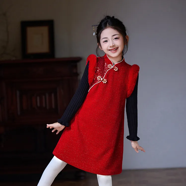 99585女童旗袍冬夹棉保暖中国风连衣裙小女孩拜年服唐装套装裙子