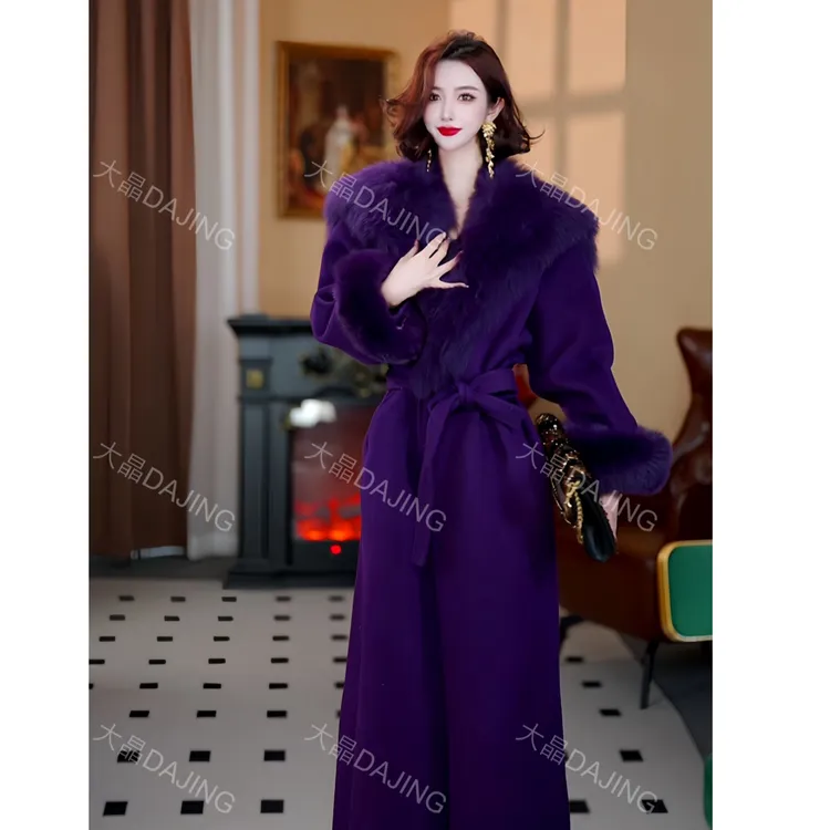 【大晶定制】“​富贵迷人紫”冬款[芬兰狐狸毛袖]羊绒典雅紫长款外套