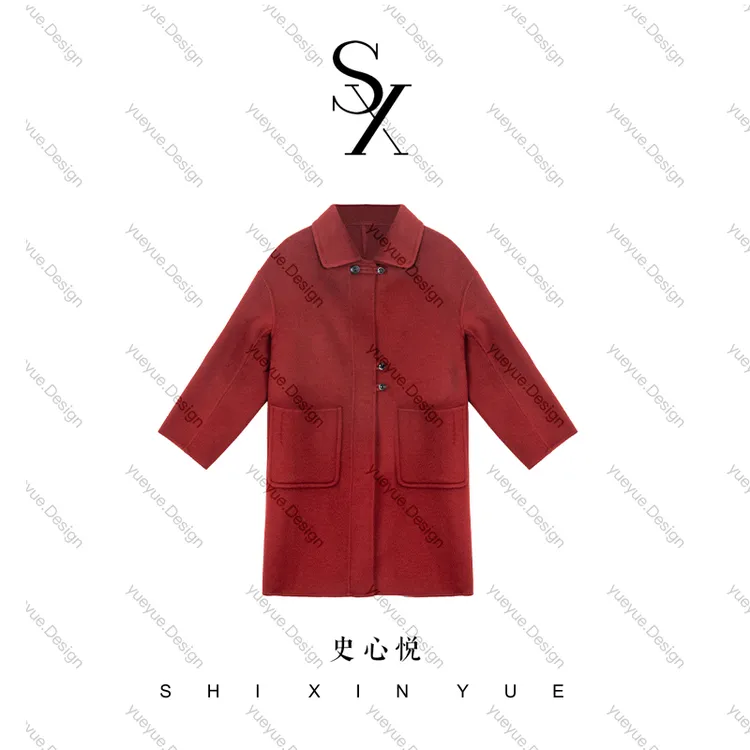 【悦悦专属】设计双纽扣山羊绒中长款毛呢大衣外套Y1265