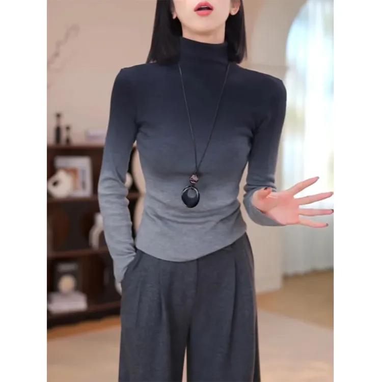 【毛衣现货发】堆堆领打底针织衫女内搭秋冬新款渐变色高领长袖上衣