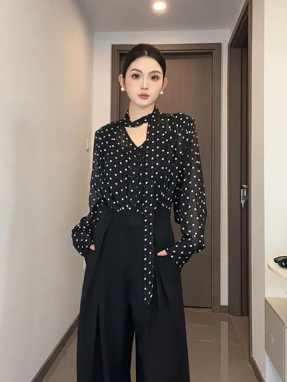 法式v领波点飘带长袖雪纺衬衫女春夏薄款微透高级感显瘦气质上衣