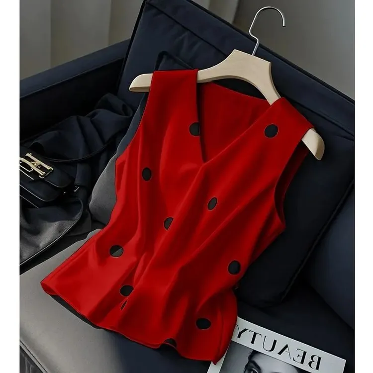 法式设计感时尚百搭V领无袖背心夏季新款修身显瘦别致波点上衣潮