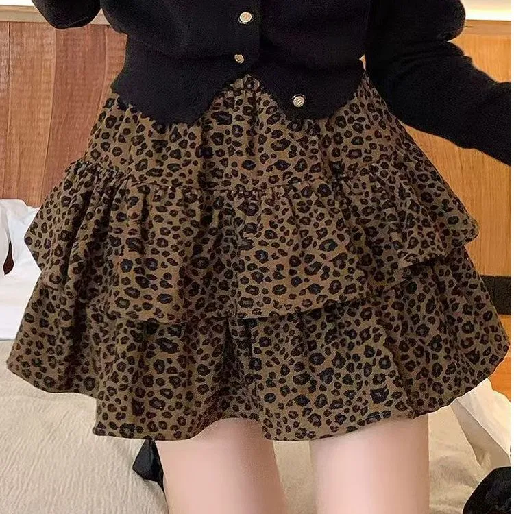 复古高腰豹纹蓬蓬裙百褶半身裙女2025秋季新款时尚设计感小众裙子