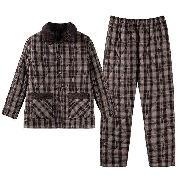 三层加厚夹棉睡衣中老年人爸爸加绒冬季男士梭织高级感家居服套装