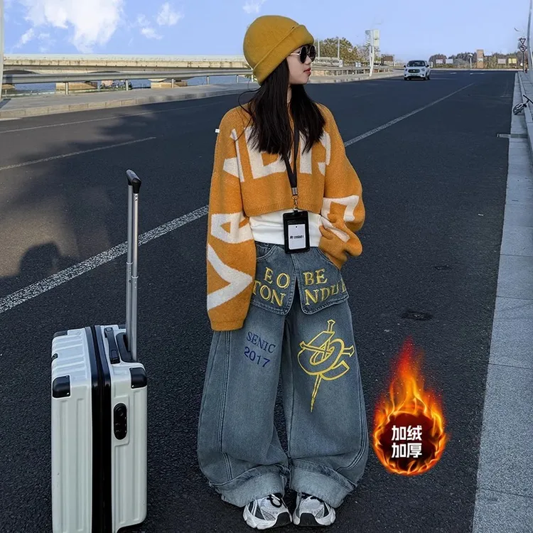 女童韩系辣妹加绒牛仔裤套装秋冬季2025新款中大童毛衣加厚阔腿裤