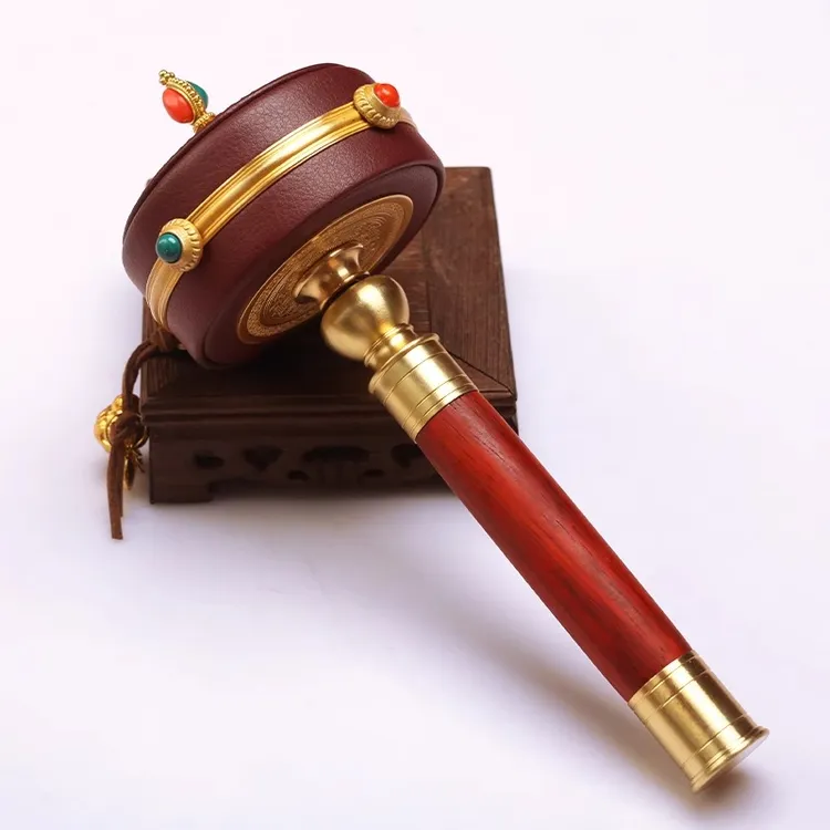 黄铜皮革圣大金银铜色手摇转金轮小号转经简底座铜红色家用实木