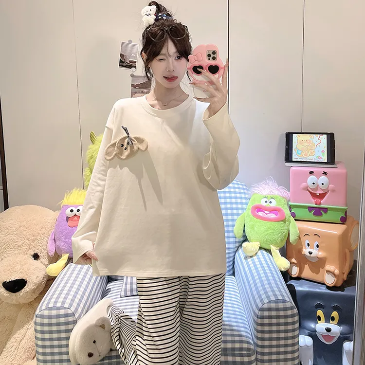 2025秋季新款圆领套头简约韩系条纹小狗可外穿家居服可爱卡通睡衣