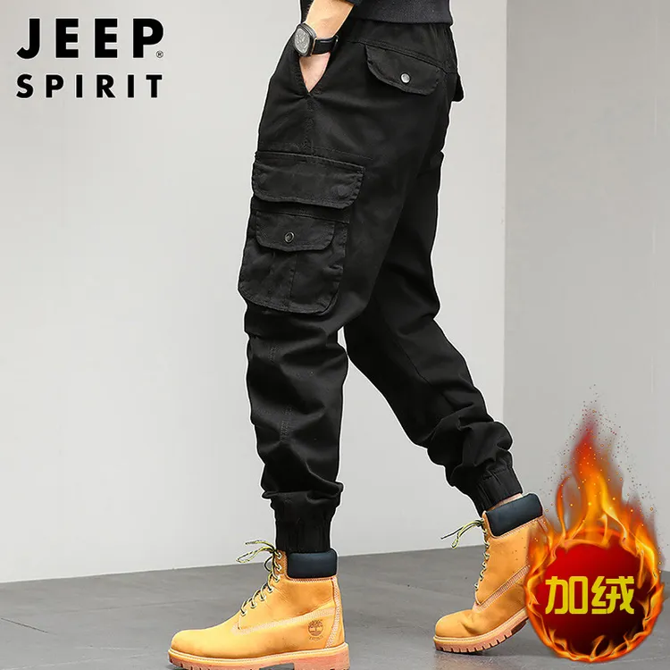 JEEPSPIRIT加绒工装裤男士秋冬高级加厚美式户外九分束脚保暖裤子