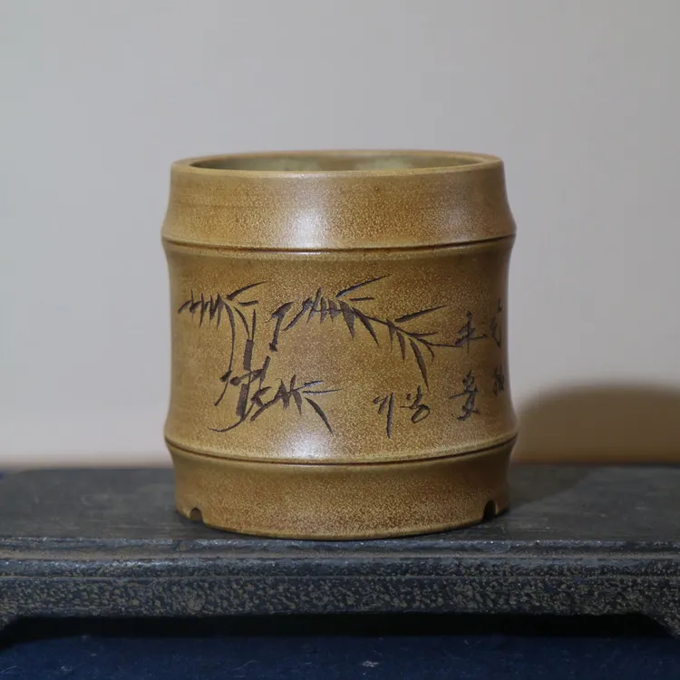 紫砂花盆手工盆盆景盆铁画轩竹节小盆刻绘仿古竹节盆竹子海军制