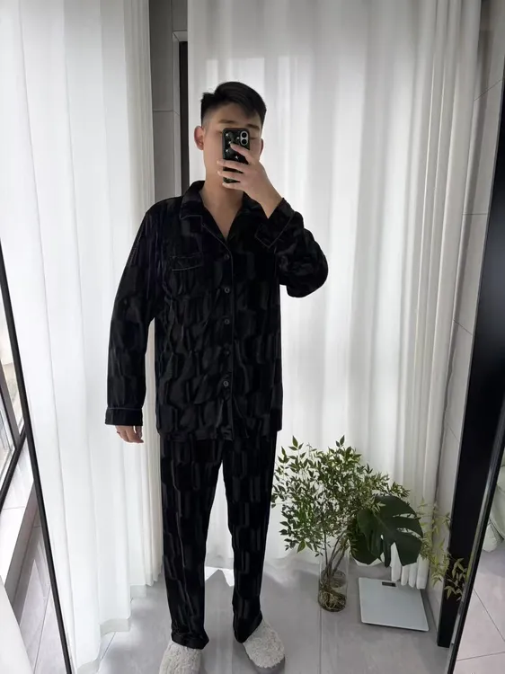 高级感黑色睡衣男款秋冬季大码金丝绒男士家居服春秋款套装情侣