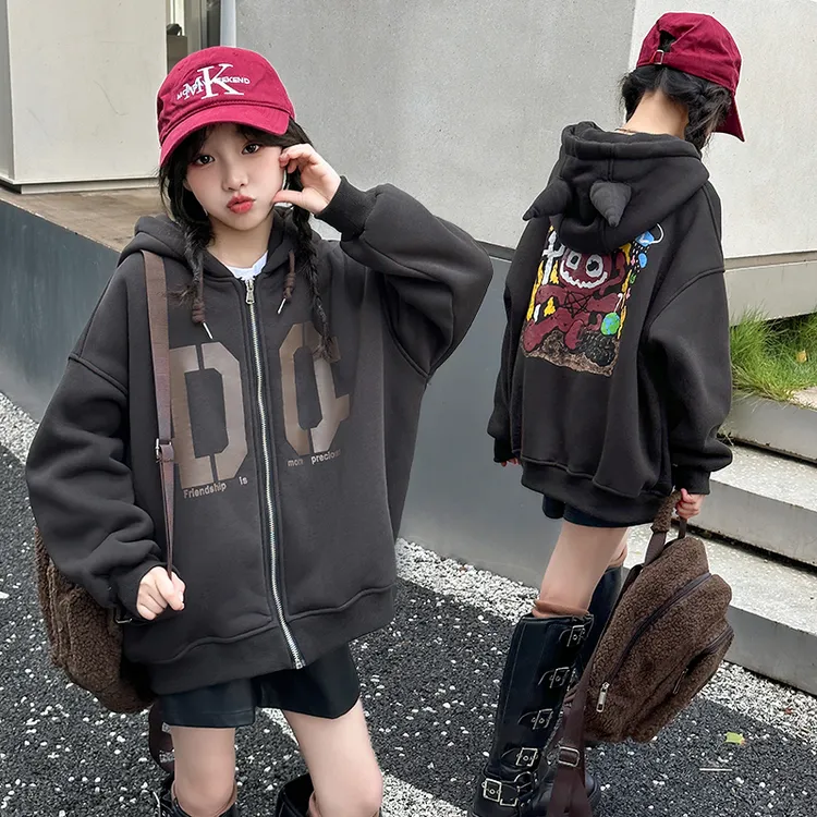 女童休闲外套2025春秋新款宽松卡通时髦洋气上衣连帽卫衣棒球服潮
