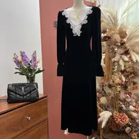 李园家2号店-88108-法式V领花边丝绒连衣裙