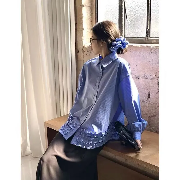  简约气质蓝色衬衣女设计感小众格子宽松长袖上衣2025春HD