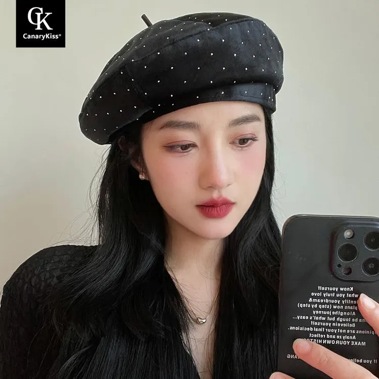 CanaryKiss赫本风时尚蕾丝亮片黑色贝雷帽女秋冬显脸小复古画家帽