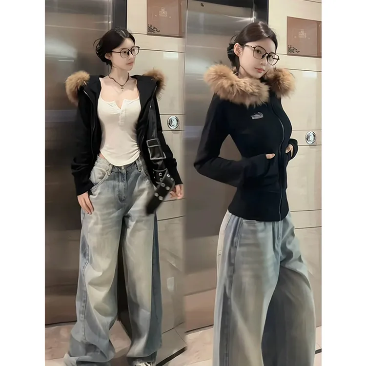 【珂塔芙】毛领连帽卫衣女早秋修身设计感小众收腰显瘦百搭开衫上衣