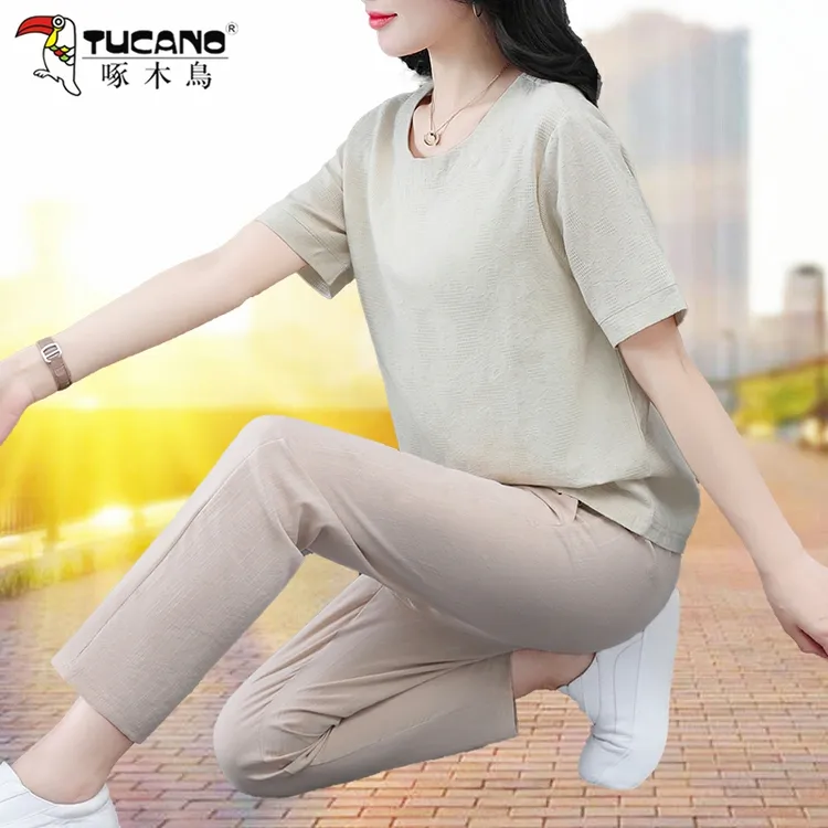 啄木鸟夏季薄短袖T恤套装中老年妈妈装两件套女宽松时尚洋气套装