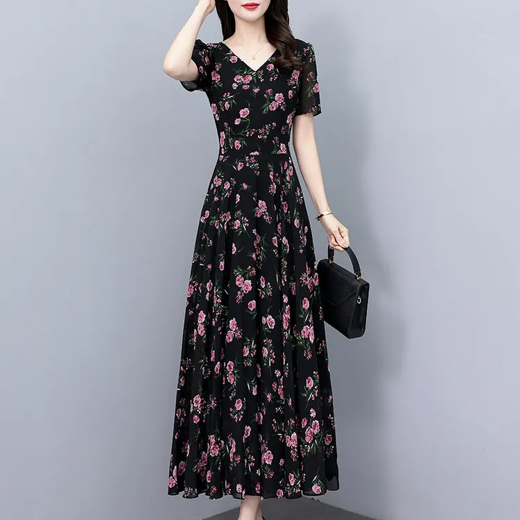 休闲衣服女慵懒风洋气气质雪纺碎花连衣裙子女士小众甜美可爱风格