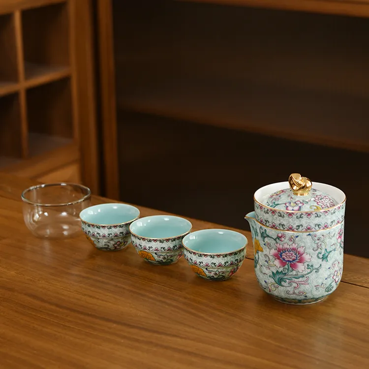 成艺珐琅莲韵旅行茶具户外茶器便携茶具珐琅彩复古高端送礼陶瓷