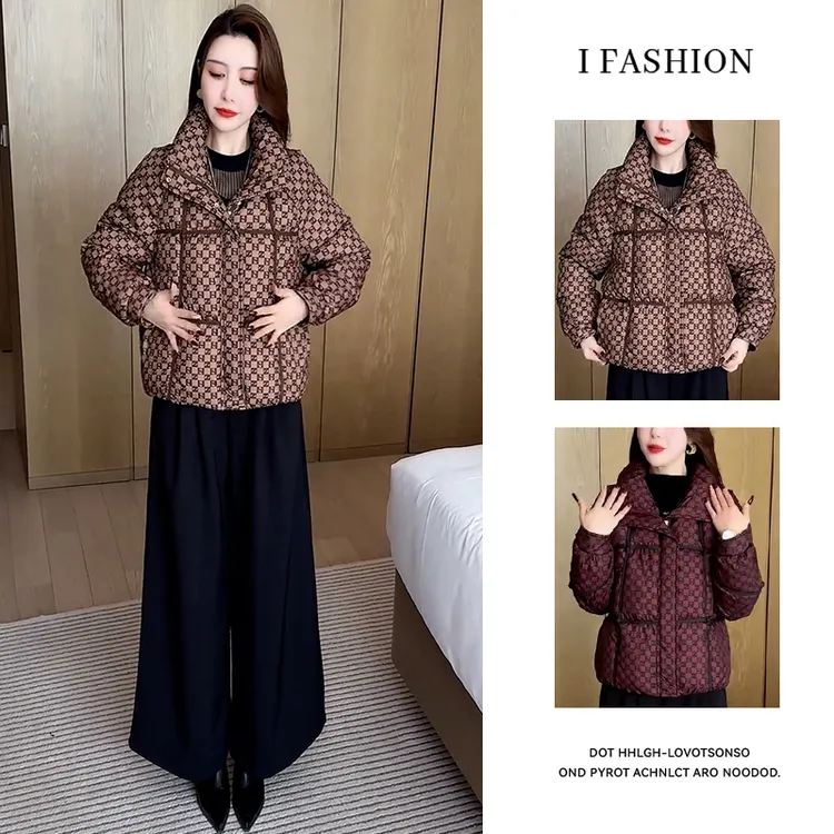 慵懒风减龄百搭立领棉服女2025年冬季新款小个子格子短款面包服