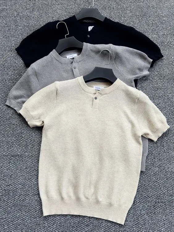 【轻奢老钱风】菠萝纹针肌理感简约男士高端松弛感亨利领T恤打底衫