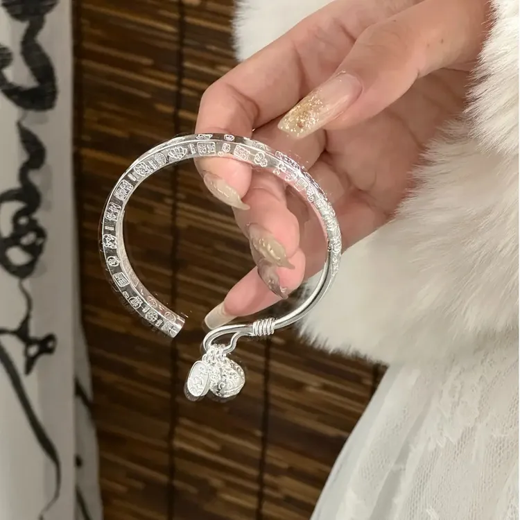 吉言银手镯女999宫铃筷子镯开口镯子百搭小众轻奢礼物