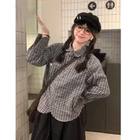 秋季小众穿搭拼色格子衬衣女款早秋新款宽松慵懒风小个子长袖衬衫