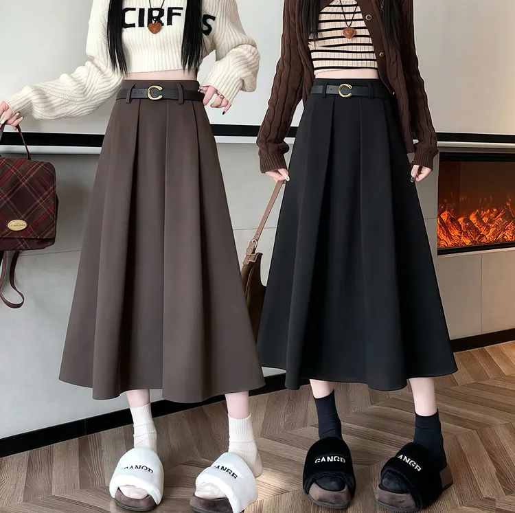 配腰带加绒加厚秋冬a字半身裙气质百褶裙高腰中长款毛呢百搭长裙